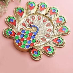 Aapno Rajasthan Gold-Toned & Green Peacock Motif Roli Chawal Thali-38