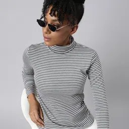 SHOWOFF Striped Printed High Neck Long Sleeves Casual Top-image-87