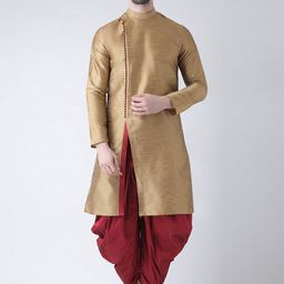 DEYANN Men Brown High Slit Dupion Silk Kurta with Dhoti Pants-picture-8