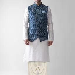 KISAH Mandarin Collar Straight Kurta & Salwar With Printed Nehru Jacket-image-34
