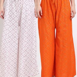 GRACIT Women White & Orange Printed Flared Palazzos Pack of 2-image-102