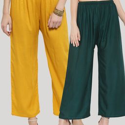 Clora Creation Pack of 2 Women Mustard Yellow & Green Solid Viscose Rayon Palazzos-image-99