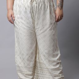 Miaz Lifestyle Women Off White & Gold-Toned Cotton Printed Plus Size Knitted Palazzos-picture-3
