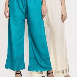 Miaz Lifestyle Women Blue & Off White 2 Flared Knitted Palazzos-image-30