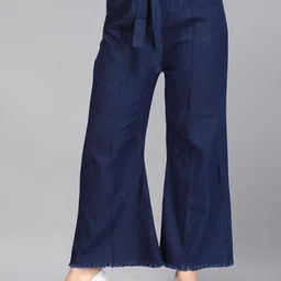 Aarika Girls Navy Blue Flared Frayed Cotton Denim Trousers-image-69