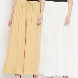Castle Women Pack of 2 Beige & White Solid Wide Leg Flared Rayon Palazzos-image-23