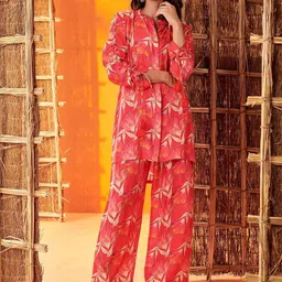 KARAJ JAIPUR Printed Mandarin Neck Top With Flared Palazzos-image-43