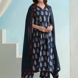 Khushal K Ethnic Motifs Printed V-Neck Pure Cotton A-Line Kurta with Palazzos & Dupatta-20