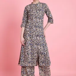Vbuyz Floral Printed Mandarin Collar Roll-Up Sleeves A-Line Regular Kurta With Palazzos-12