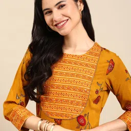 SHOWOFF Women Mustard Yellow Printed Sequinned Kurta with Palazzos-image-31