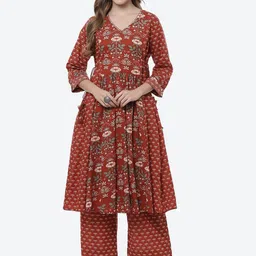 Biba Women Rust Ethnic Motifs Printed Pleated Pure Cotton Kurta with Palazzos-30