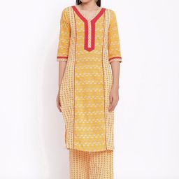 Saart Bunaai Women Yellow Yoke Design Pure Cotton Kurti with Palazzos-image-53