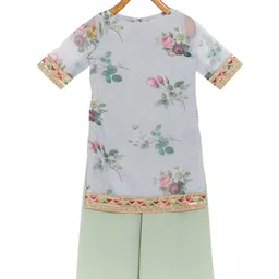 Ethnovog Girls Grey  Green Floral Printed Kurti With Palazzos-picture-32