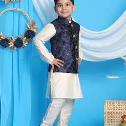 VASTRAMAY Boys Cream-Coloured Solid A-line Kurta & Pyjamas with Nehru Jacket image 5