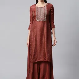 SheWill Women Rust Ethnic Motifs Embroidered Gotta Patti Kurta with Palazzos-image-33