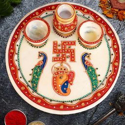 Ekhasa White & Red Lord Ganesh Marble Pooja Thali-picture-6