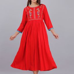 DORIYA Floral Embroidered A-Line Midi Ethnic Dress-image-67