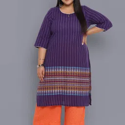 AURELIA Women Plus Size Violet & White Striped Keyhole Neck Thread Work Pure Cotton Kurta-image-21
