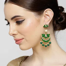 KARATCART Green Gold-Plated Beaded Enamelled Floral Chandbalis-10