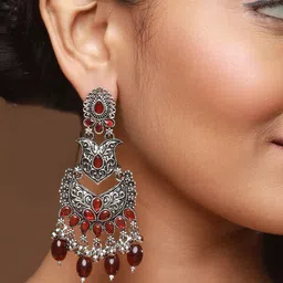 Sangria Silver-Plated & Red Studded & Beaded Classic Oxidised Chandbalis-image-9