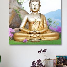 SAF Gold Toned & Silver Toned Wooden Framed Lord Buddha Canvas Painting Wall Art-17