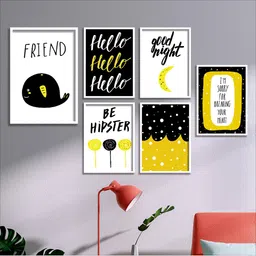 SAF Set Of 6 Black & Yellow Printed Abstract Wall Art-picture-46