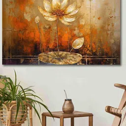 SAF Gold Toned & Orange Abstract Flower Painted Canvas Wall Art-image-95