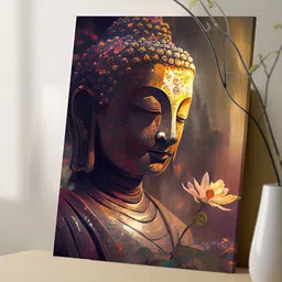 Art Street Brown & Yellow Canvas Painting Lord Budhha with Flower Wall Art-image-36