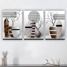 SAF White & Black 3 Pieces Flower Pot Painting Wall Arts-image-97