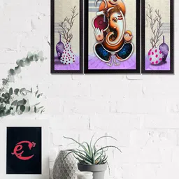 eCraftIndia Set Of 3 Beige & Blue Ganesha Satin Matt Texture UV Wall Art-14