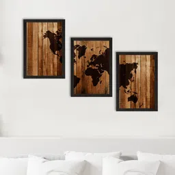 eCraftIndia Set Of 3 Brown World Map Printed Satin Matte Texture UV Art Paintings image 2