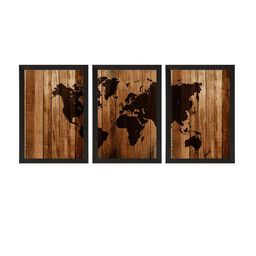 eCraftIndia Set Of 3 Brown World Map Printed Satin Matte Texture UV Art Paintings image 3