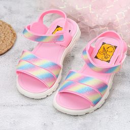 Yellow Bee Girls Striped Open Toe Flats With Velcro Closure-16