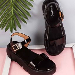 DressBerry Black Open Toe Flatform Heels With Buckle Closure-5