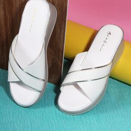 Mast & Harbour White Textured Open Toe Wedge Heels-52