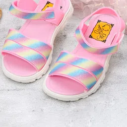 Yellow Bee Girls Striped Open Toe Flats With Velcro Closure-40