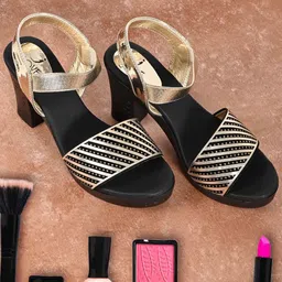 Jove Gold-Toned & Black Striped Leather Block Heels-50