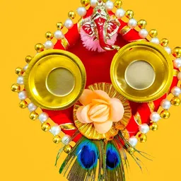 PUFFSMART Red & Yellow Pooja Thali With Attached Roli & Chawal Holder-image-13