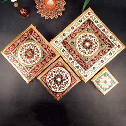apka mart Yellow & Red 4 Pieces Bajot Pooja Chowkies-image-22