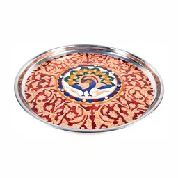 Apka Mart Gold & Red Floral Pooja Thali Plate with Peacock Design-image-74