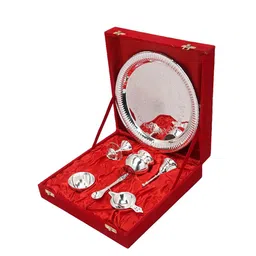 DSH Crafting Your Curiosity Silver toned 7 pcs Brass Pooja Thali Set-47