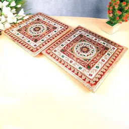 apka mart Beige & White 2 Pieces Meenakari Pooja Chowki-picture-34
