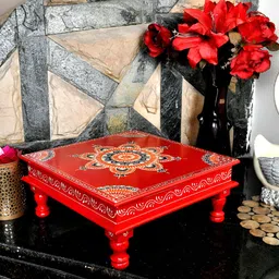 Lal Haveli Red Self design Textured Wooden Chowki-image-2