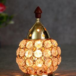 eCraftIndia Gold-Toned & Transparent Crystal & Brass Akhand Diya-image-93