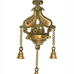 Aakrati Gold Toned Textured Brass Hanging Diya With Bells-16