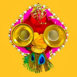PUFFSMART Pink & Yellow Pooja Thali With Attached Roli & Chawal Holder-image-12