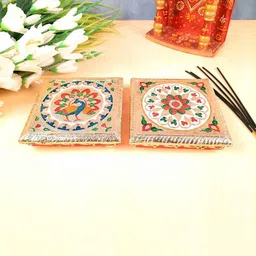 apka mart GoldToned and Blue 2 Pieces Wooden Pooja Chowki Bajot-image-13