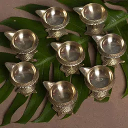 TIED RIBBONS Gold Toned 8 Pieces Decorative Brass Diyas With Tortoise Base-image-9