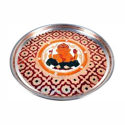 apka mart Beige & Red Textured Pooja Thali Plate with Ganesh Design-12