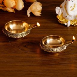 eCraftIndia Set of 2 Gold-Toned Auspicious Handcrafted Brass Diya-30
